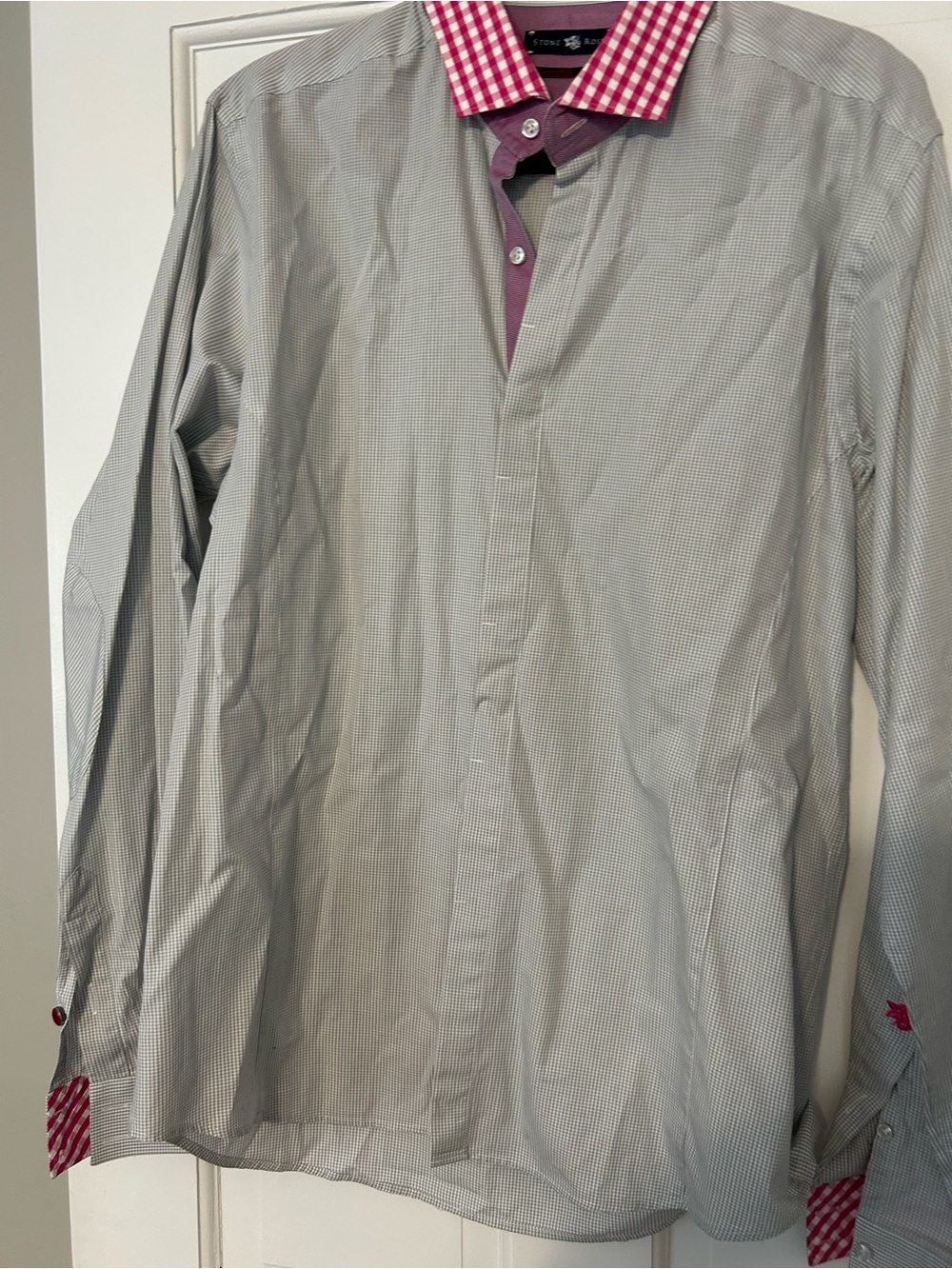 Stone Rose Shirt with Pink Micro-Check Neckline and Gray Gingham Trim